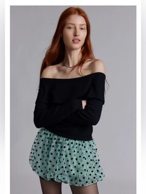Kimchi Blue Black and green polka dot bubble hem skirt.